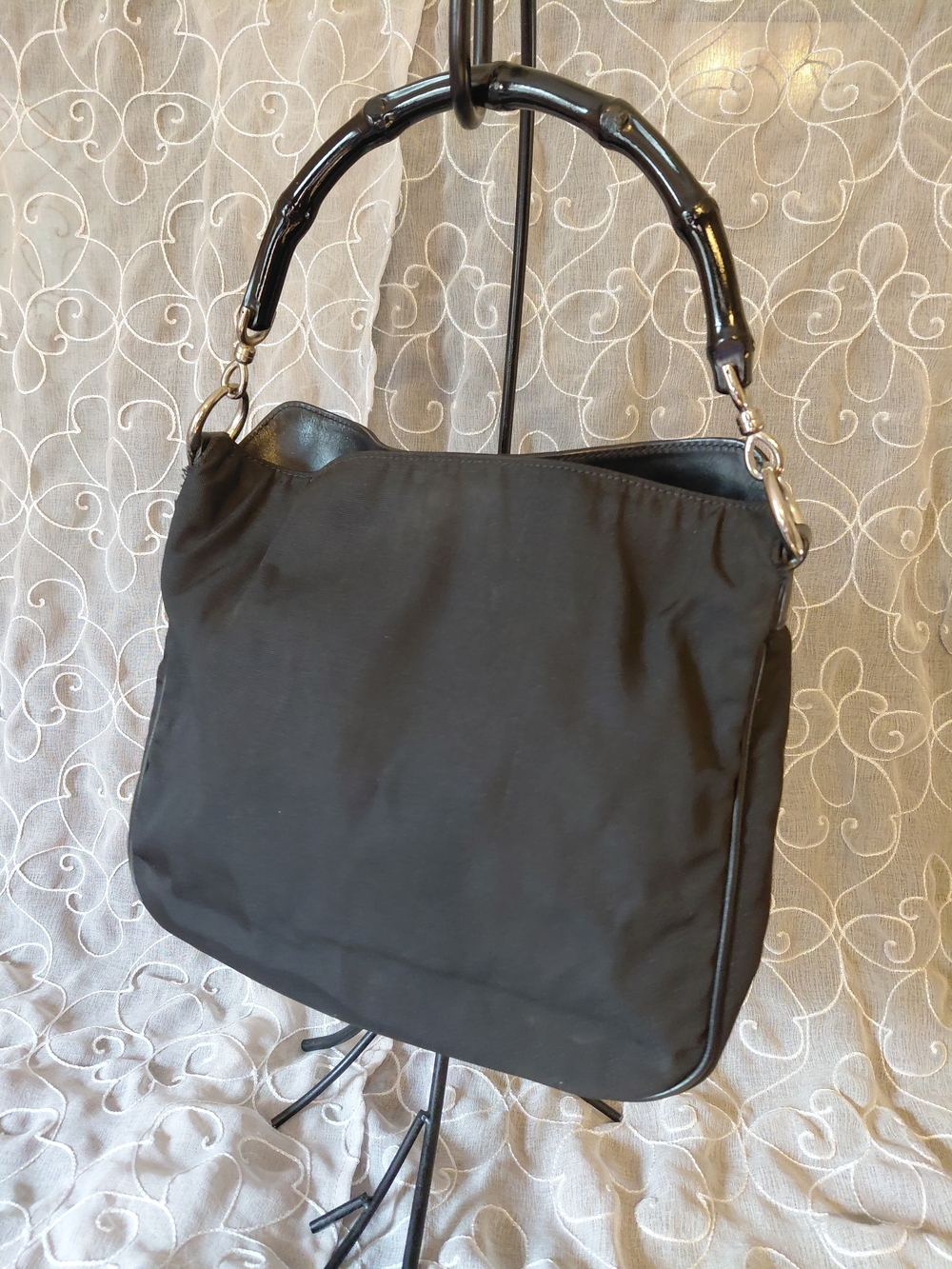 Gucci Black Nylon Tote with Glossy Bamboo-Style Handle